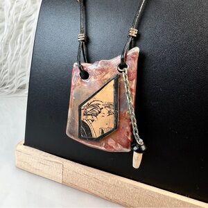 Vintage Asian inspired large stone pendant, adjustable black rope necklace